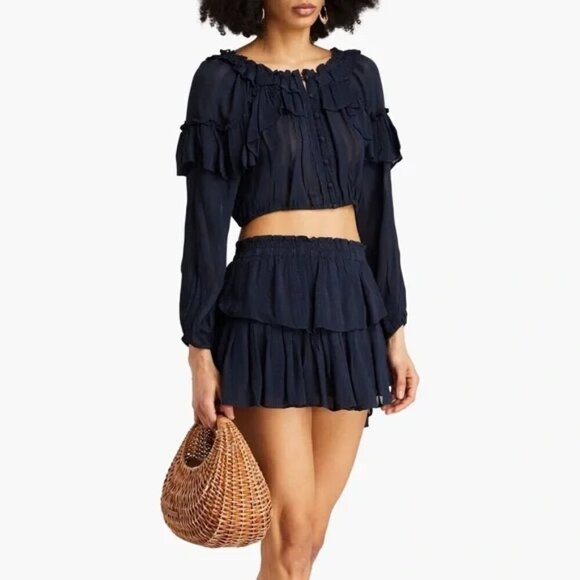 LoveShackFancy size XL Ruffled Mini Skirt Navy Midnight Blue NWT - Picture 2 of 9